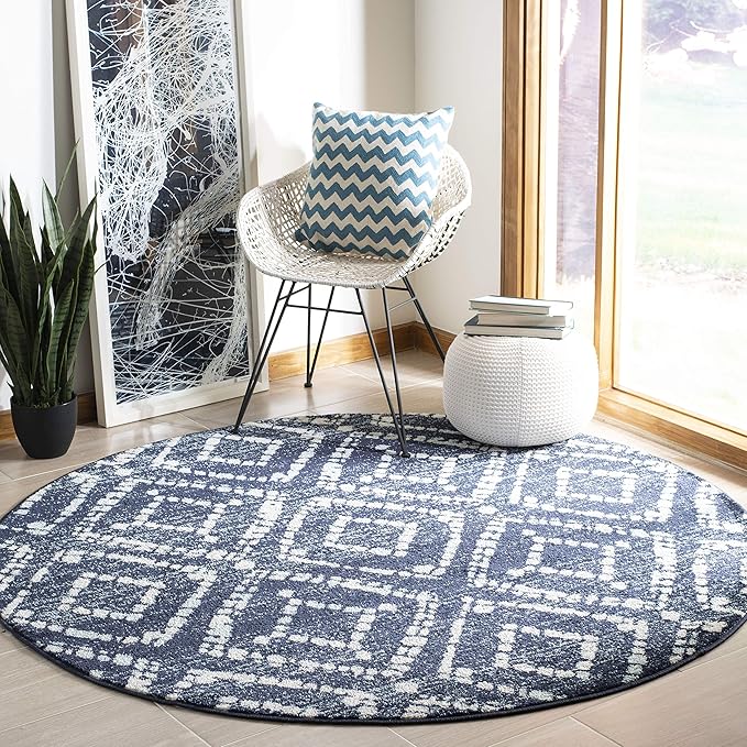 SAFAVIEH Adirondack Collection 8' Round Navy/Ivory ADR131N Modern Diamond Distressed Non-Shedding Living Room Bedroom Area Rug