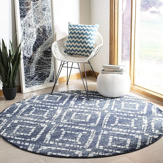 SAFAVIEH Adirondack Collection 6' Round Navy/Ivory ADR131N Modern Diamond Distressed Non-Shedding Dining Room Entryway Foyer Living Room Bedroom Area Rug