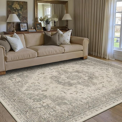 5x7 Washable Area Rug Beige Grey Vintage Distressed Rug for Office Oriental Soft Thin Indoor Retro Gray Carpet Non Slip Low Pile Floor Cover for Living Ding Room Bedroom Laundry Dorm
