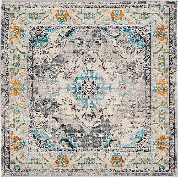 SAFAVIEH Monaco Collection Area Rug - 6'7" Square, Grey & Light Blue, Boho Chic Medallion Distressed Design, Non-Shedding & Easy Care, Ideal for High Traffic Areas in Living Room, Bedroom (MNC243G)
