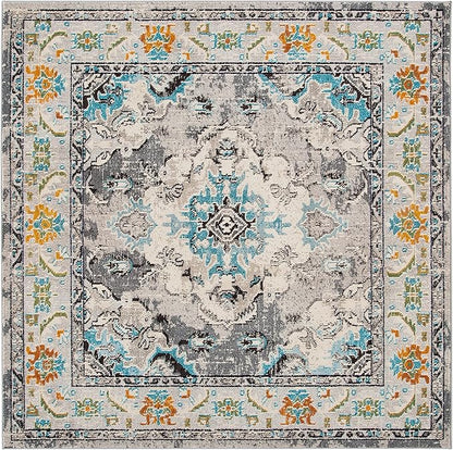 SAFAVIEH Monaco Collection Area Rug - 6'7" Square, Grey & Light Blue, Boho Chic Medallion Distressed Design, Non-Shedding & Easy Care, Ideal for High Traffic Areas in Living Room, Bedroom (MNC243G)