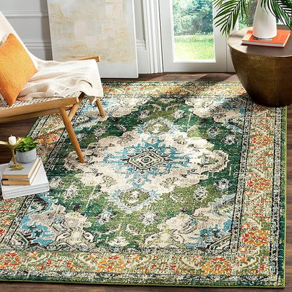 SAFAVIEH Monaco Collection Accent Rug - 2' x 3', Forest Green & Light Blue, Boho Medallion Distressed Design, Non-Shedding & Easy Care, Ideal for High Traffic Areas in Living Room, Bedroom (MNC243F-2)