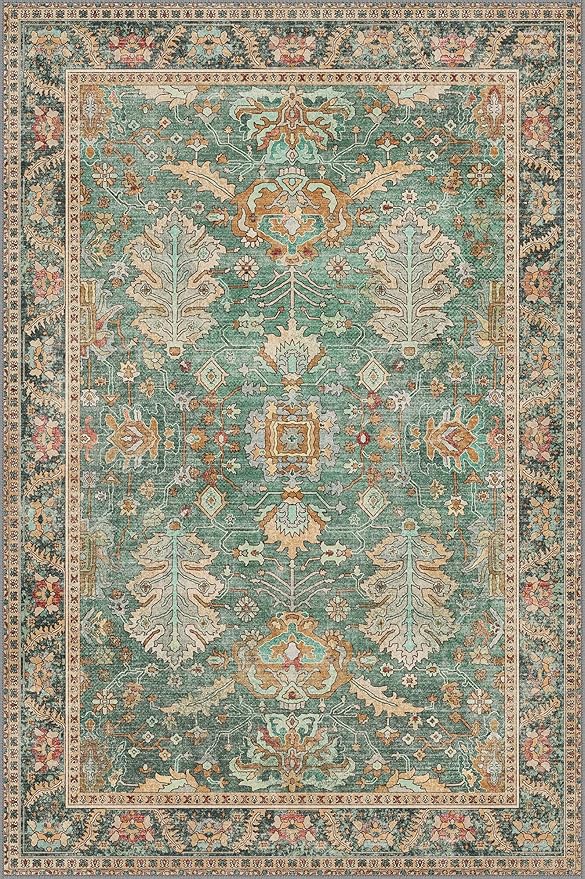 Bavni Washable Rug-6x9 Area Rugs for Bedroom Non-Slip, Ultra Thin Low Pile Living Room Rug, Modern Printed Decorative Rug for Dinning Room Office, Sage/Gold