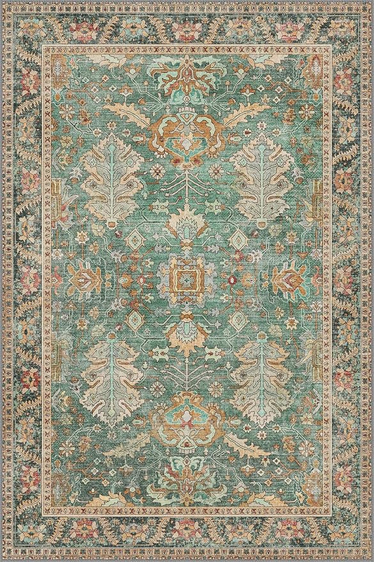 Bavni Washable Rug-6x9 Area Rugs for Bedroom Non-Slip, Ultra Thin Low Pile Living Room Rug, Modern Printed Decorative Rug for Dinning Room Office, Sage/Gold