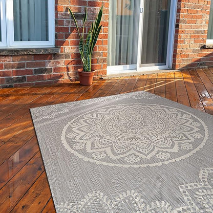 CAMILSON Outdoor Rug 8x10 Modern Area Rugs for Indoor and Outdoor Patios and Porches - Waterproof, Washable, Non-Shedding, Easy-to-Clean Outside Carpet (8 x 10, Medallion - Grey/White)