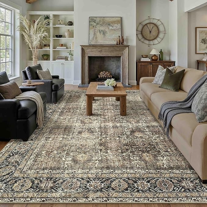 Vintage Area Rug 12x15 Brown Washable Living Room Large Carpet Non Slip Bedroom Indoor Office Low Pile Traditional Distressed Retro Accent Rug for Dining Room