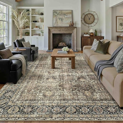 Vintage Area Rug 12x15 Brown Washable Living Room Large Carpet Non Slip Bedroom Indoor Office Low Pile Traditional Distressed Retro Accent Rug for Dining Room