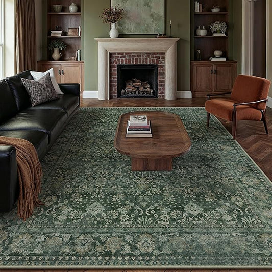 HUGEAR 6x9 Machine Washable Rugs Dark Green Hallway Large Area Rug Indoor Accent Rug Floral Low Pile Carpet Soft Throw Aesthetic Rug Bedroom Living Room Office Dining Room Kitchen Laundry Room