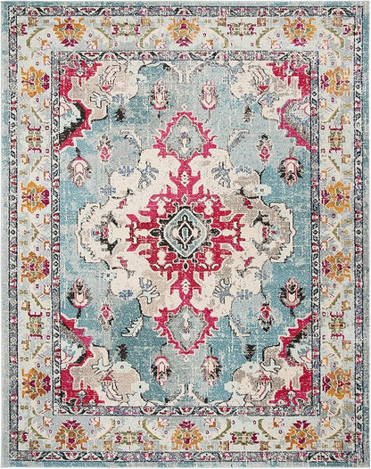 SAFAVIEH Monaco Collection Area Rug - 8' x 10', Light Blue & Fuchsia, Boho Chic Medallion Distressed Design, Non-Shedding & Easy Care, Ideal for High Traffic Areas in Living Room, Bedroom (MNC243J)
