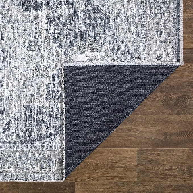Bloom Rugs Caria Washable Non-Slip 9x12 Rug - Gray/Dark Blue Traditional Area Rug for Living Room, Bedroom, Dining Room, and Kitchen - Exact Size: 9' x 12'