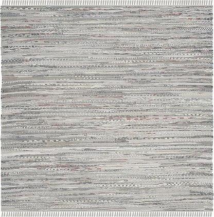 SAFAVIEH Rag Rug Collection Area Rug - 5' Square, Grey, Handmade Boho Stripe Cotton, Ideal for High Traffic Areas in Living Room, Bedroom (RAR121A)