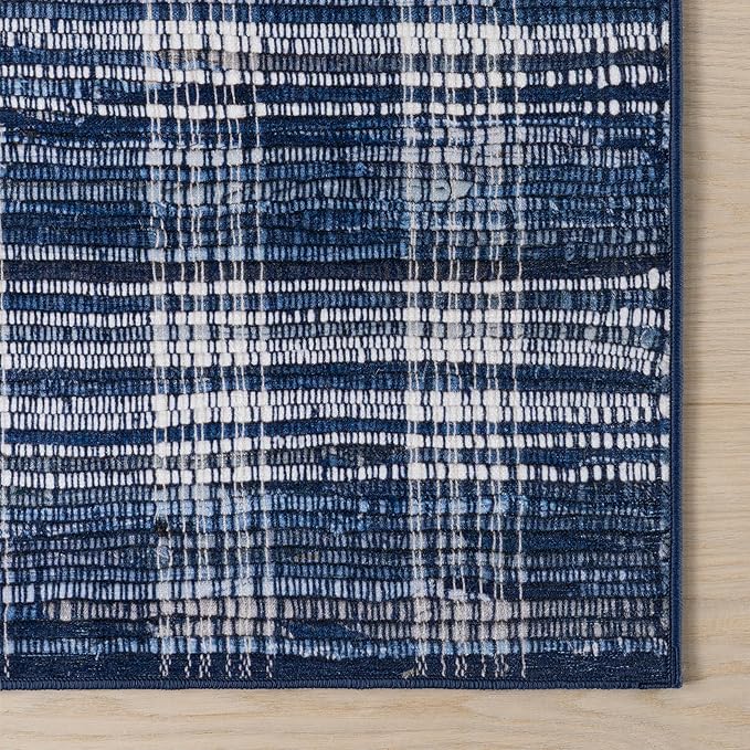 Dash & Albert Denim Plaid Blue Machine Washable Rug, 6 X 9 Feet, Blue/White Plaid Pattern