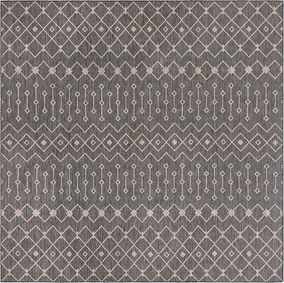 Unique Loom Outdoor Trellis Collection Area Rug - Tribal Trellis (10' 8" Square, Charcoal Gray/ Natural)