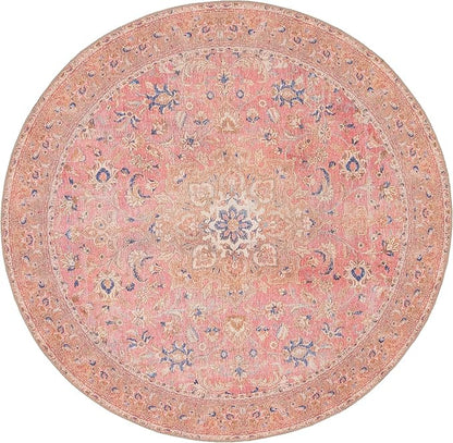 GLN Rugs Traditional Collection - Machine Washable Area Rug, Traditional Washable, Non Slip, Low Pile Chenille Rug, Living Room, Bedroom, Kitchen Rug (5'3" Round Pink/Cream)