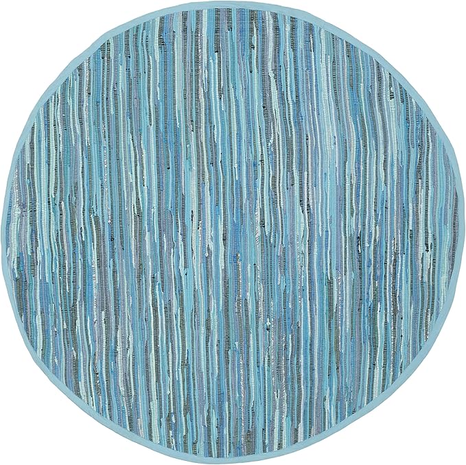 SAFAVIEH Rag Rug Collection Area Rug - 6' Round, Blue & Multi, Handmade Boho Stripe Cotton, Ideal for High Traffic Areas in Living Room, Bedroom (RAR121B)