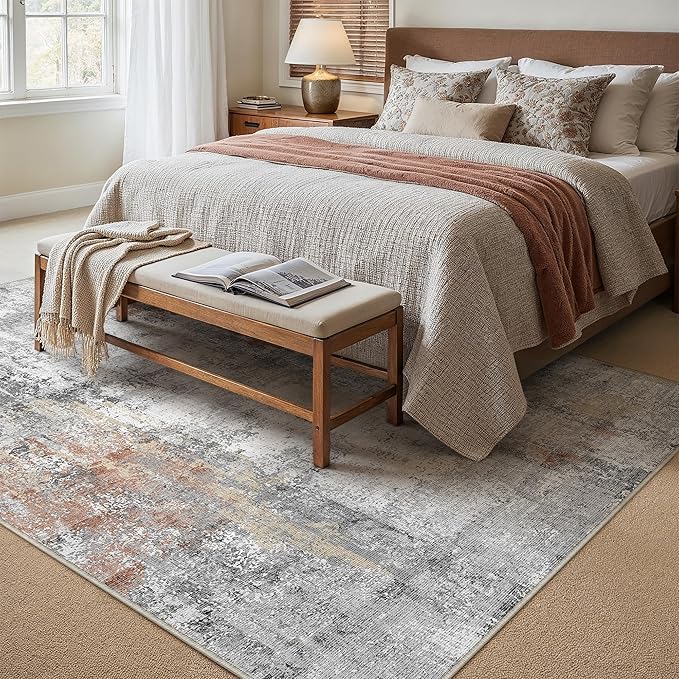 8x10 Washable Area Rug Grey Rust Abstract Living Room Bedroom Carpet Neutral Modern Non-Slip Soft Low Pile Lightweight Vacuumable Large Throw Rug for Dining Room