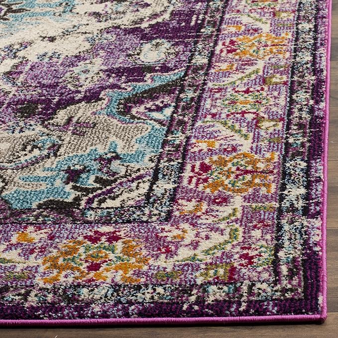 SAFAVIEH Monaco Collection Area Rug - 6'7" Square, Violet & Light Blue, Boho Chic Medallion Distressed Design, Non-Shedding & Easy Care, Ideal for High Traffic Areas in Living Room, Bedroom (MNC243L)