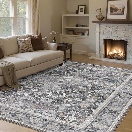 HUGEAR 5x7 Machine Washable Rugs Black Grey Hallway Area Rug Indoor Accent Rug Floral Low Pile Carpet Soft Throw Aesthetic Rug Bedroom Living Room Office Dining Room Kitchen Laundry Room Non Slip