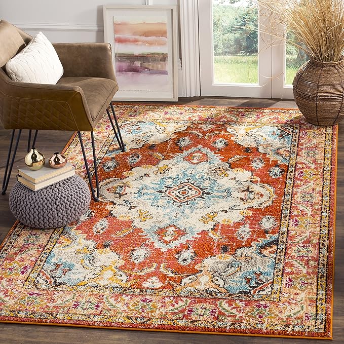 SAFAVIEH Monaco Collection Accent Rug - 4' x 5'7", Orange & Light Blue, Medallion Distressed Design, Non-Shedding & Easy Care, Ideal for High Traffic Areas in Entryway, Living Room, Bedroom (MNC243H)