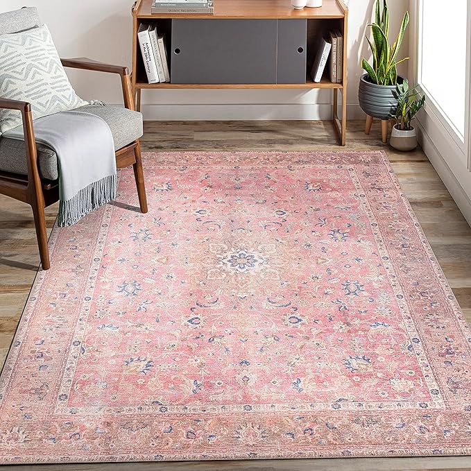 GLN Rugs Traditional Collection - Machine Washable Area Rug, Traditional Washable, Non Slip, Low Pile Chenille Rug, Living Room, Bedroom, Kitchen Rug (3' x 5' Pink/Cream)