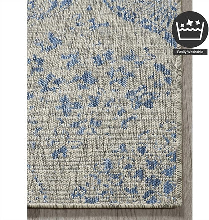FH Home Outdoor Area Rug - Waterproof Easy to Clean Stain Resistant - Patio Indoor Outdoor Porch Deck Balcony Entryway - Distressed Farmhouse - Granada - Blue - 7ft 8in x 9ft 8in