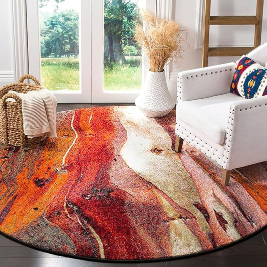 SAFAVIEH Glacier Collection 3' Round Red / Multi GLA126A Modern Abstract Non-Shedding Dining Room Entryway Foyer Living Room Bedroom Area Rug