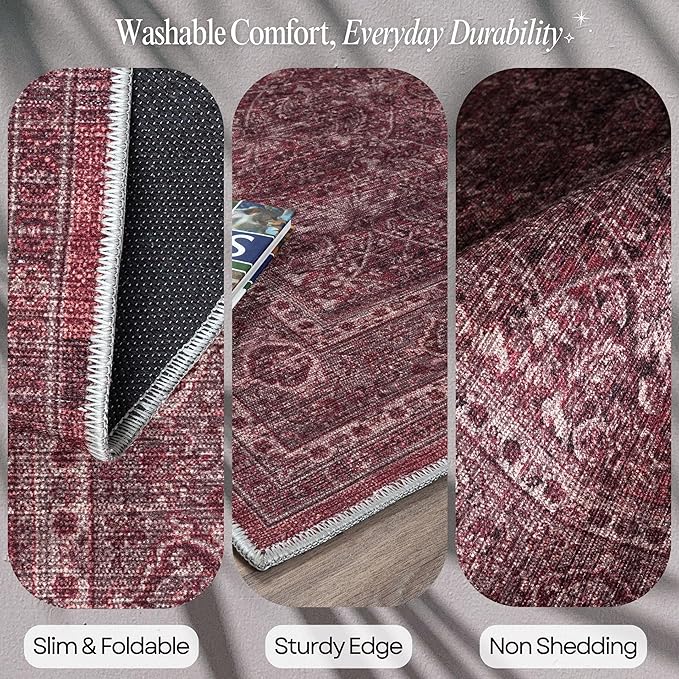 Fame Rugs Turkish Rug. Washable Vintage Oriental Antique Inspired Traditional Doormat Small Modern Area Rugs Luxury Entryway Entry Bedroom Bathroom Kitchen (395RR, 2'5 x 13'1)