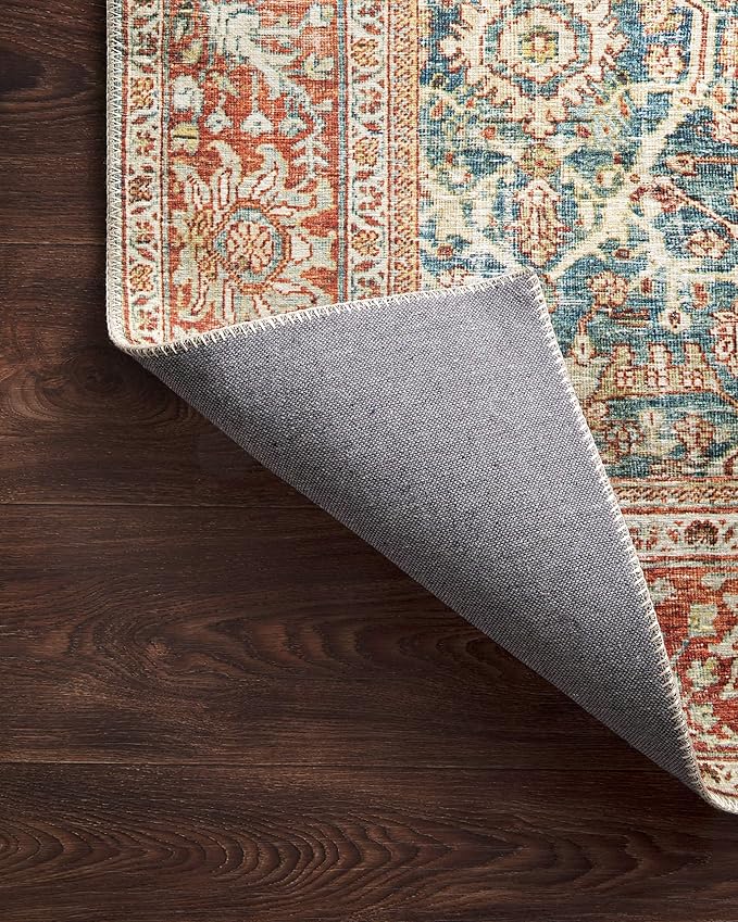 Loloi Layla Collection LAY-04 Ocean/Rust 7'-6" x 9'-6" .13" Thick Area Rug, Soft, Durable, Vintage Inspired, Distressed, Low Pile, Non-Shedding, Easy Clean, Printed, Living Room Rug