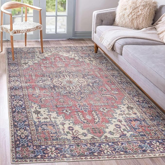 GLN Rugs Traditional Collection - Machine Washable Area Rug, Traditional Washable, Non Slip, Low Pile Chenille Rug, Living Room, Bedroom, Kitchen Rug (3' x 5' Multi Blue)