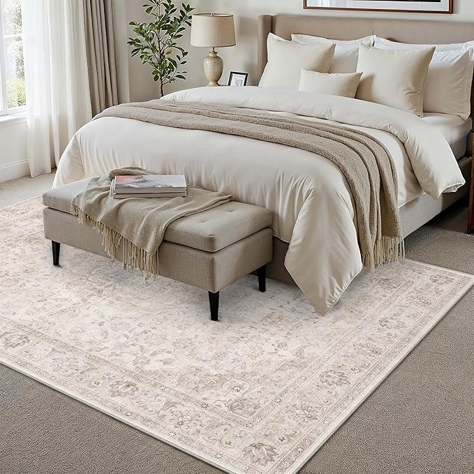 HUGEAR Area Rug 5x7 Vintage Beige Machine Washable Living Room Rugs Thin Neutral Floral Vacuumable Low Pile Carpet Bedroom Office Dining Room Laundry Room Non Slip Soft Lightweight