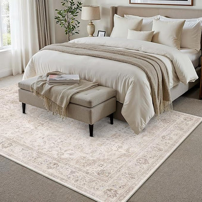 HUGEAR Area Rug 5x7 Vintage Beige Machine Washable Living Room Rugs Thin Neutral Floral Vacuumable Low Pile Carpet Bedroom Office Dining Room Laundry Room Non Slip Soft Lightweight