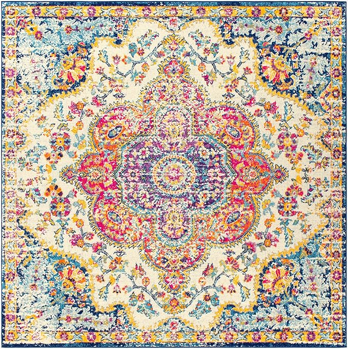 Livabliss Area Rugs - 7x7 Romaine Vintage Boho Fuchsia Mustard Blue Square Area Rug for Living Room Bedroom - Floral Medallion Stain Resistant Carpet for Kitchen, Nursery, Office (6'7" Square)