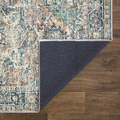 Bloom Rugs Caria Washable Non-Slip 12 ft Runner - Blue Green/Tangerine Traditional Runner for Entryway, Hallway, Bathroom, and Kitchen - Exact Size: 2'6" x 12'
