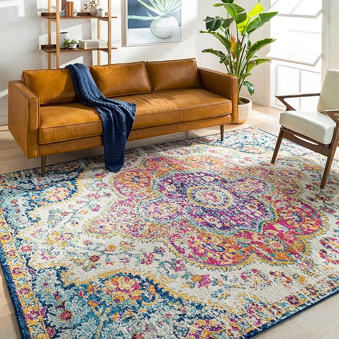Livabliss Area Rugs - 9x12 Romaine Vintage Boho Fuchsia Mustard Blue Area Rug for Living Room Bedroom - Floral Medallion Stain Resistant Carpet for Kitchen, Nursery, Office (9' x 12'6")