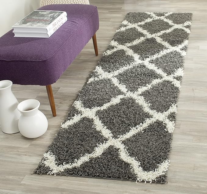 SAFAVIEH Dallas Shag Collection Runner Rug - 2'3" x 14', Dark Grey & Ivory, Trellis Design, Non-Shedding & Easy Care, 1.5-inch Thick Ideal for High Traffic Areas in Living Room, Bedroom (SGD257A)