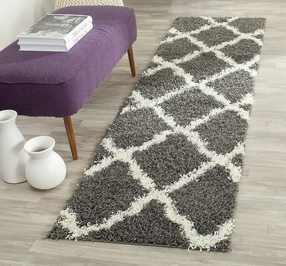 SAFAVIEH Dallas Shag Collection Runner Rug - 2'3" x 8', Dark Grey & Ivory, Trellis Design, Non-Shedding & Easy Care, 1.5-inch Thick Ideal for High Traffic Areas in Living Room, Bedroom (SGD257A)