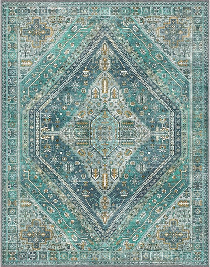 Bavni Washable Rug 8x10 Area Rug for Living Room Bedroom Dining, Washable Vintage Print Carpet, Ultra-Thin Chenille Low Pile Lightweight Rug with Non Slip Backing, Blue/Green