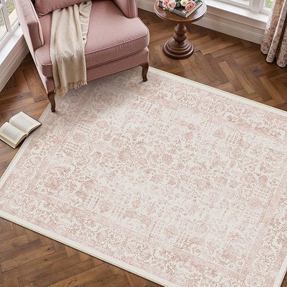 Pink Area Rug 4x5 Office Entryway Rug Machine Washable Kitchen Vintage Distressed Non Slip Carpet Indoor Retro Floral Accent Throw Door Mat for Bathroom Bedroom Dining Living Room
