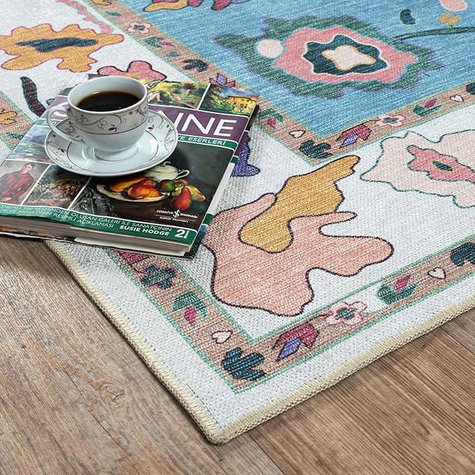 Fame Living Colorful Oushak Rug, Modern, Vintage, Turkish, Eclectic, Floral, Pastel, Washable, Extra Large Area Rugs for Living Room, Dining, Bedroom, Lounge, 9'x12'