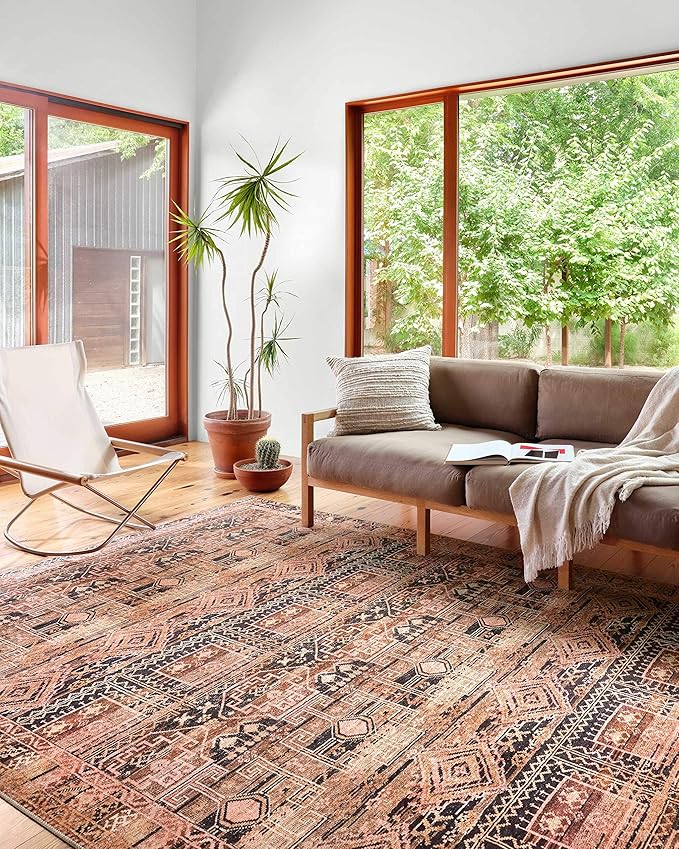 Loloi Layla Collection LAY-14 Mocha/Blush 9'-0" x 12'-0" .13" Thick Area Rug, Soft, Durable, Vintage Inspired, Distressed, Low Pile, Non-Shedding, Easy Clean, Printed, Living Room Rug