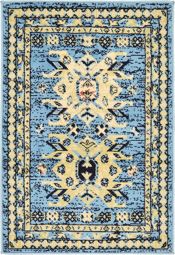 Unique Loom Taftan Collection Border Geometric Tribal Inspired Design Area Rug, 2 ft 2 in x 3 ft, Light Blue/Gold