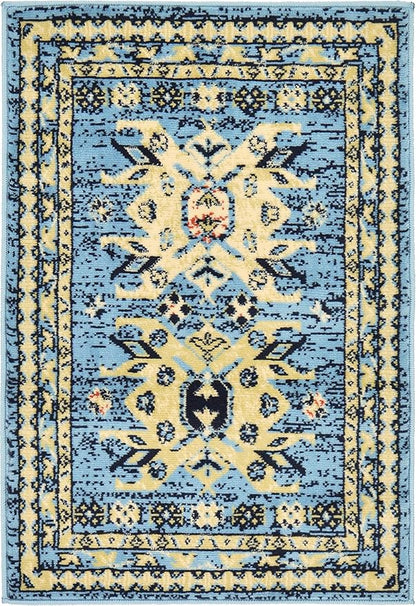 Unique Loom Taftan Collection Border Geometric Tribal Inspired Design Area Rug, 2 ft 2 in x 3 ft, Light Blue/Gold