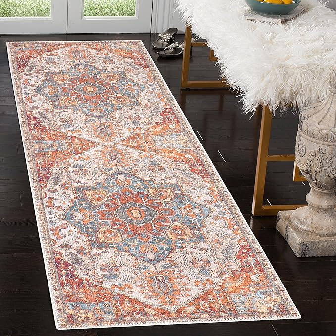 GLN Rugs Traditional Collection - Machine Washable Area Rug, Traditional Washable, Non Slip, Low Pile Chenille Rug, Living Room, Bedroom, Kitchen Rug (2'6" x 7' Cream/Terra)