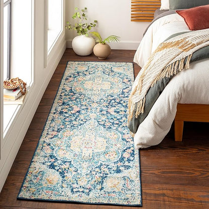 Livabliss Area Rugs - 3x7 Romaine Vintage Boho Navy Sky Blue Rose Runner Area Rug for Living Room Bedroom - Floral Medallion Stain Resistant Carpet for Kitchen, Nursery, Office (2'7" x 7'6", Runner)