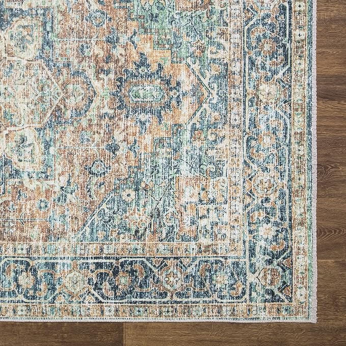 Bloom Rugs Caria Washable Non-Slip 5x7 Rug - Blue Green/Tangerine Traditional Area Rug for Living Room, Bedroom, Dining Room, and Kitchen - Exact Size: 5' x 7'
