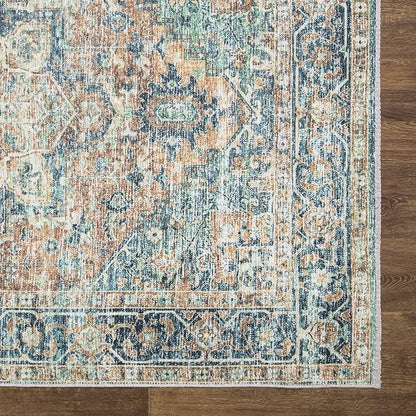 Bloom Rugs Caria Washable Non-Slip 6x9 Rug - Blue Green/Tangerine Traditional Area Rug for Living Room, Bedroom, Dining Room, and Kitchen - Exact Size: 6' x 9'