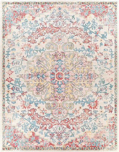 Livabliss Area Rugs - 8x10 Odelia Vintage Boho Red Off-White Blue Area Rug for Living Room Bedroom - Floral Medallion Stain Resistant Carpet for Kitchen, Nursery, Office (7'10" x 10')