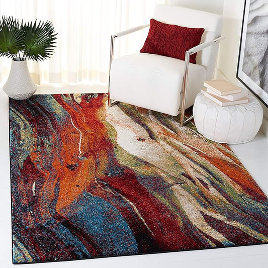 SAFAVIEH Glacier Collection Area Rug - 6'7" x 9', Red & Green, Modern Abstract Design, Non-Shedding & Easy Care, Ideal for High Traffic Areas in Living Room, Bedroom (GLA126Q)