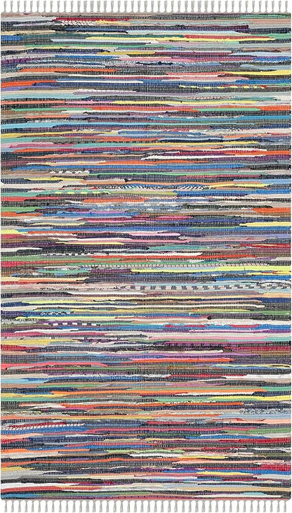 SAFAVIEH Rag Rug Collection Accent Rug - 3' x 5', Grey & Multi, Handmade Boho Stripe Cotton, Ideal for High Traffic Areas in Entryway, Living Room, Bedroom (RAR121M)