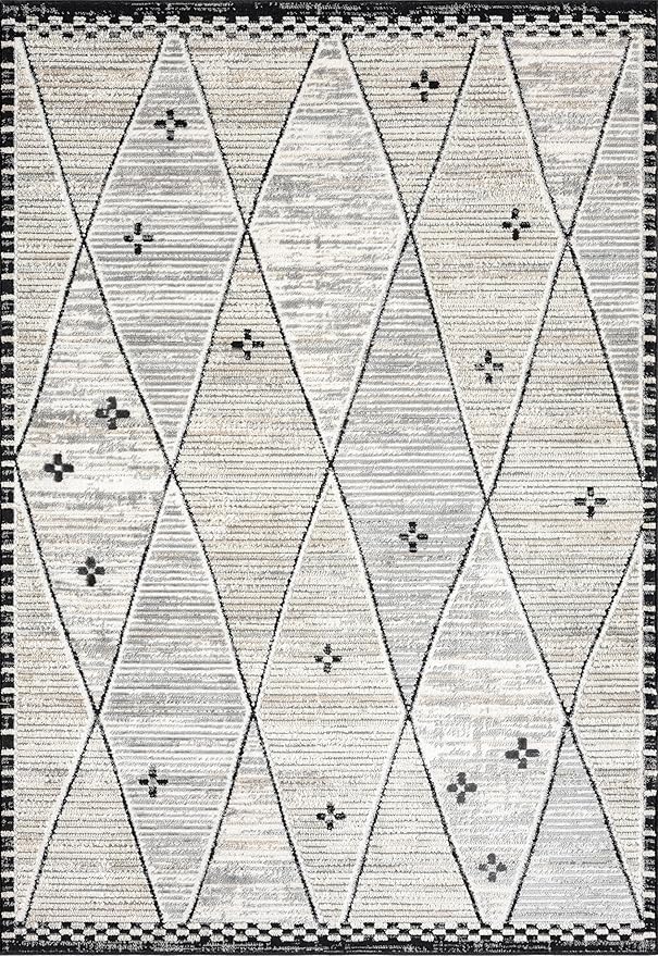 Abani Viva Cream & Grey Area Rug 5' x 8' for Living Room, Bedroom - Farmhouse Diamond Pattern - Durable & Easy to Clean